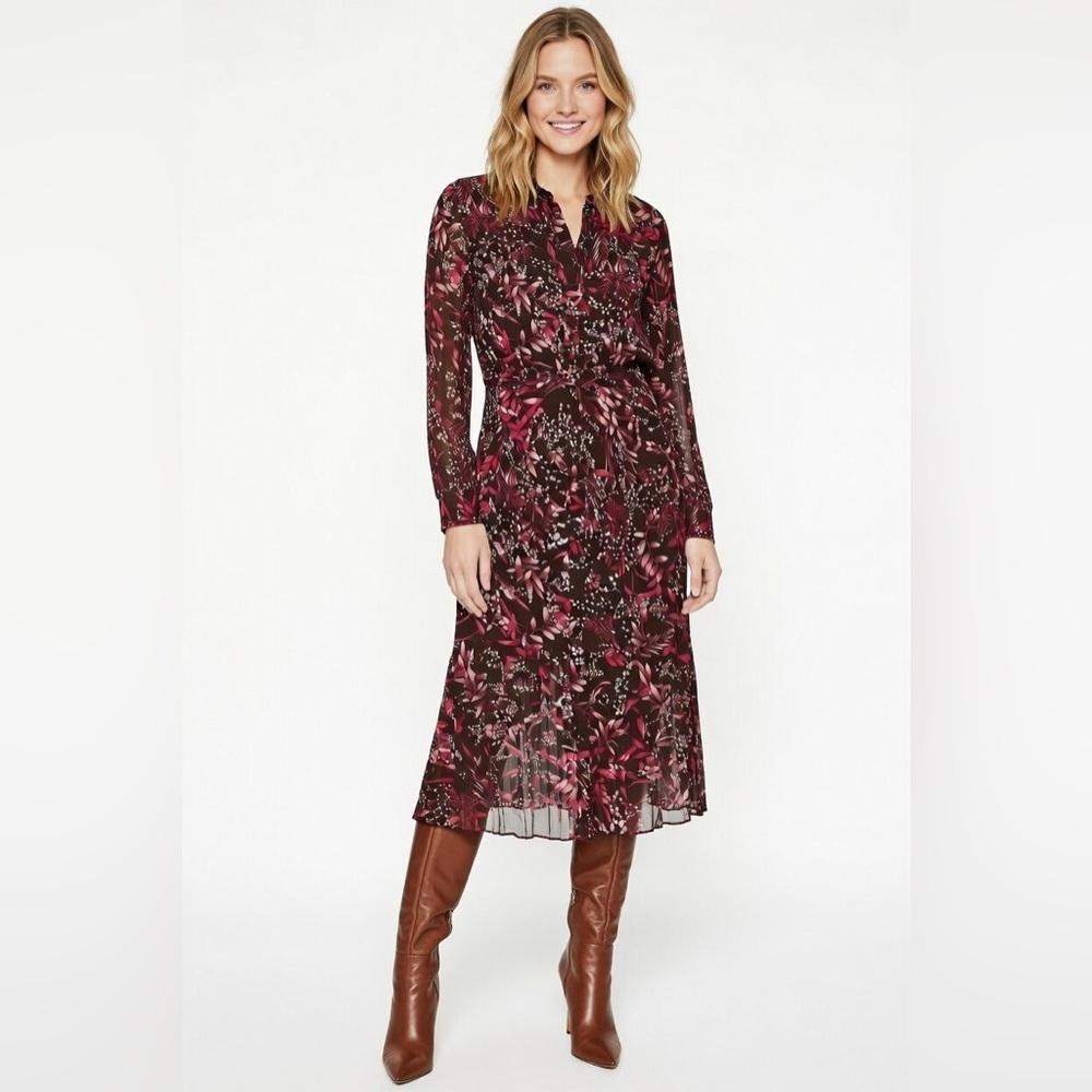 Nanette Lepore Burgundy Floral Chiffon Long Sleeve Dress size 12